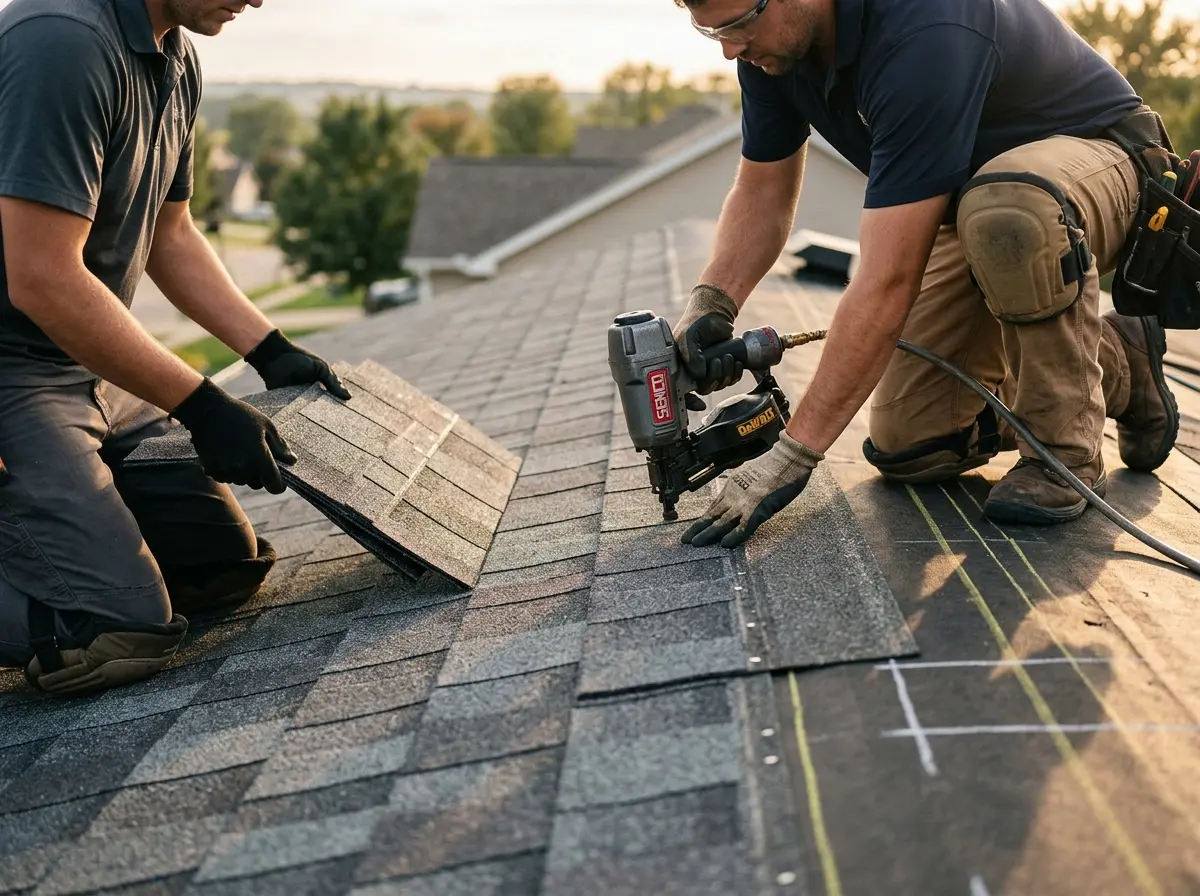 Professional roofer working on a residential roof in Palisades Park